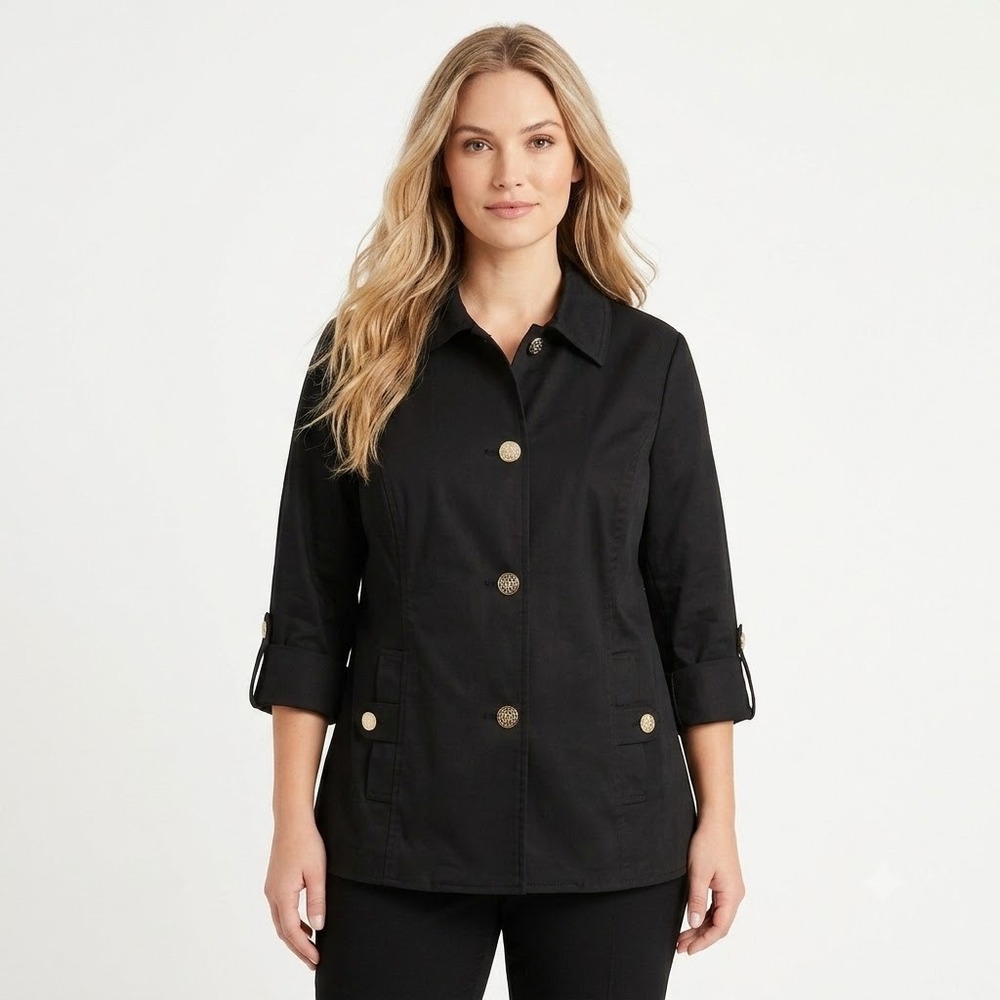 Charter Club Woman 0X Black Roll Tab Utility Safari Jacket Gold Button Plus